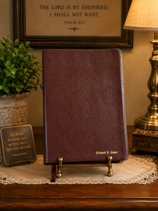 Burgundy bonded leather Holy Bible, New International Version Red Letter Edition, personalized with the name Richard B. Jones in gold lettering.