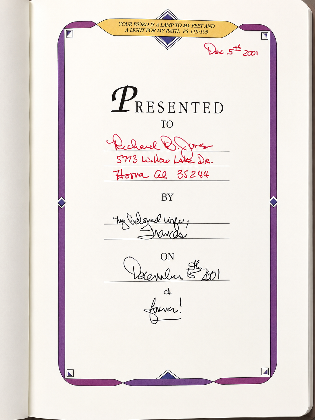 Presentation page of personalized NIV Holy Bible showing gift inscription dated December 5, 2001.