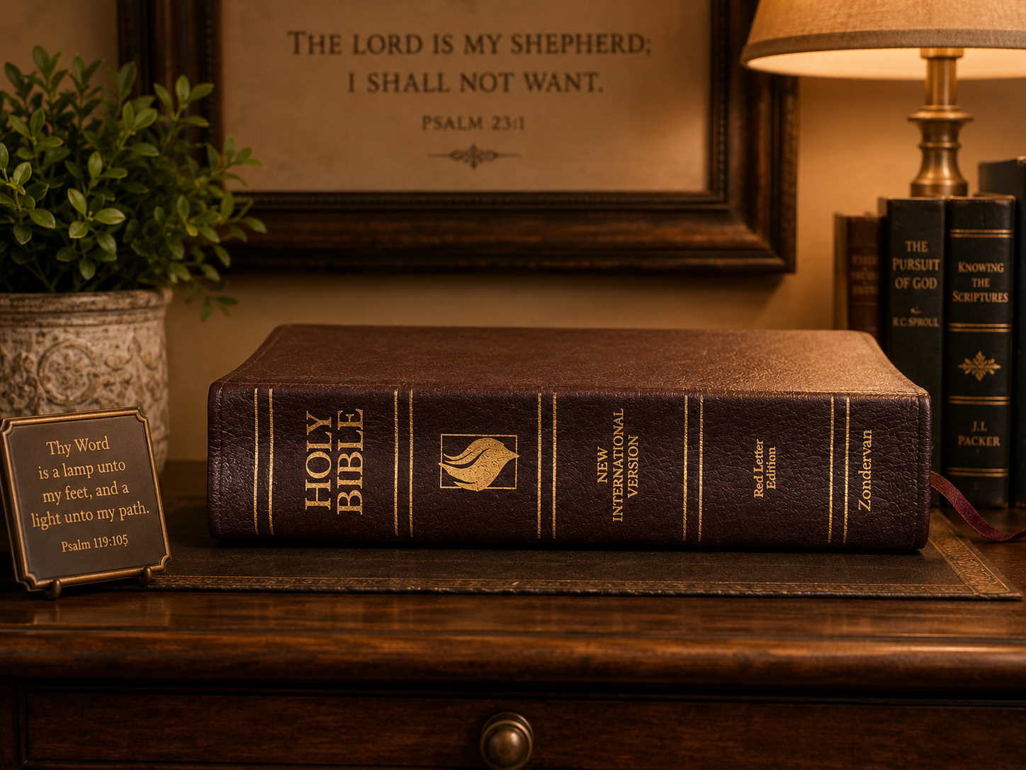 Spine of NIV Holy Bible Red Letter Edition published by Zondervan with gold lettering and bonded leather binding.