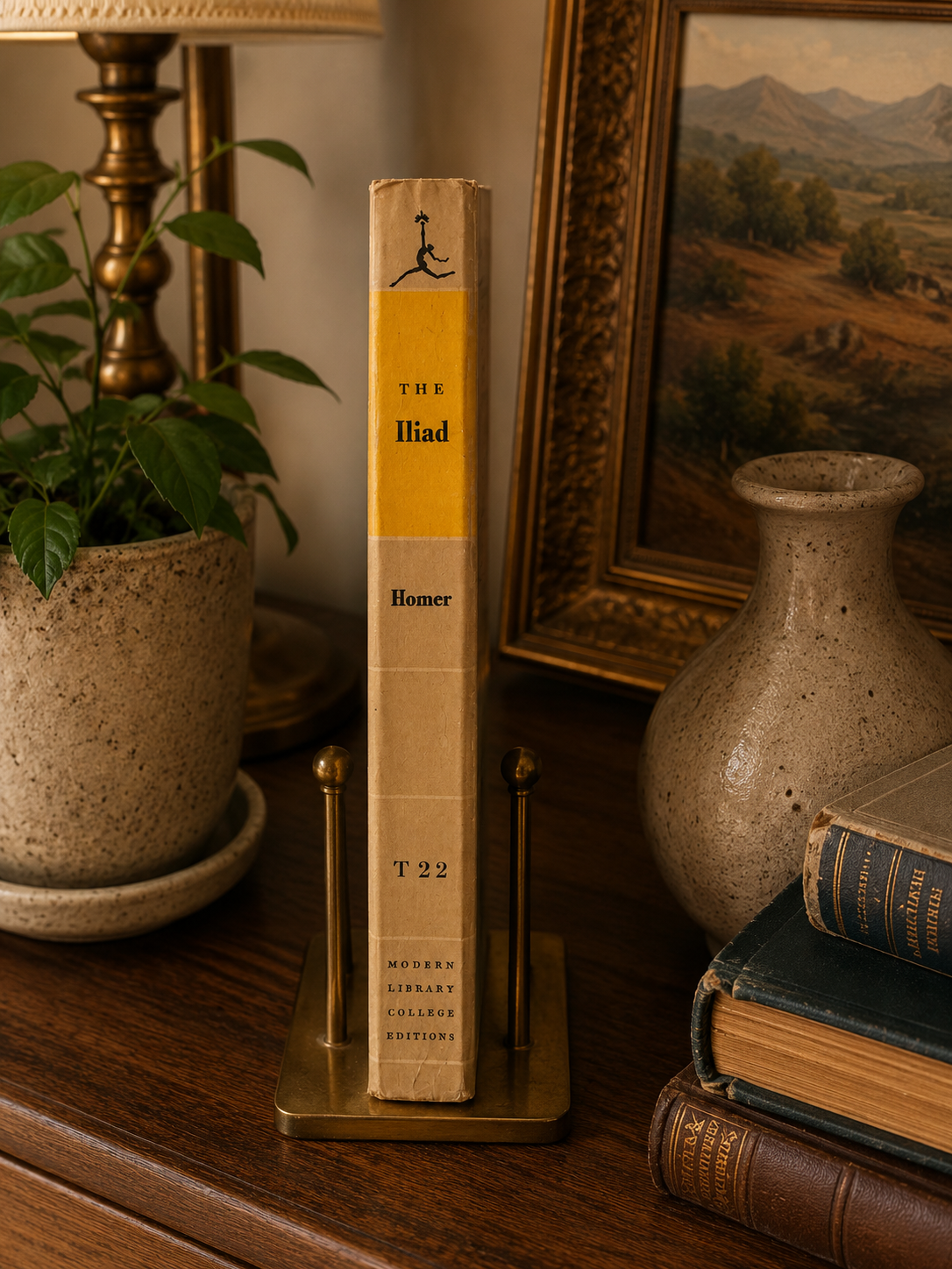 Book titled 'The Iliad' by Homer on a wooden stand with decorative items in the background.