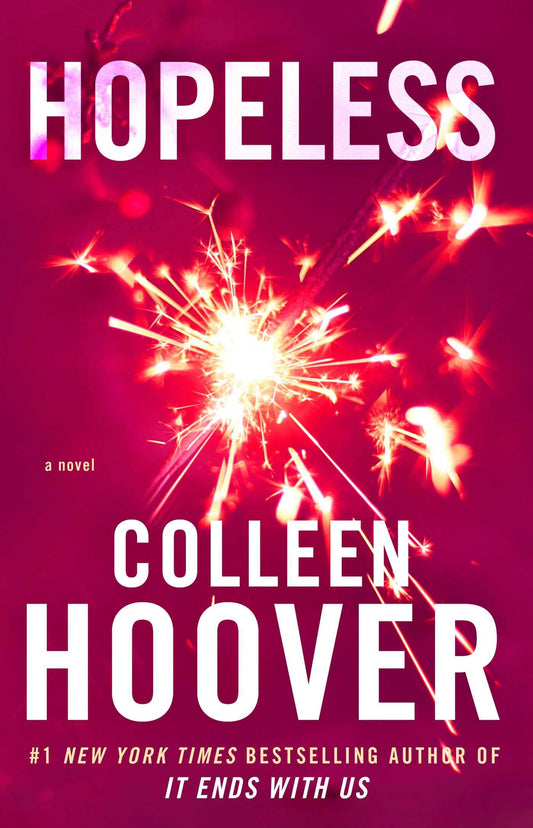 Front cover of Hopeless by Colleen Hoover, featuring a minimalist blue design with a young woman lying in a field of grass.