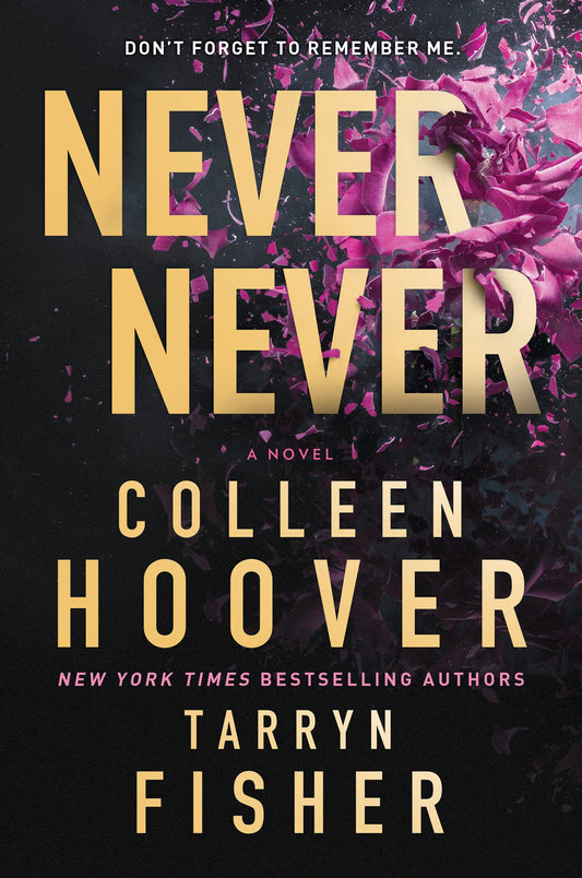 "Front cover of Never Never by Colleen Hoover and Tarryn Fisher, featuring a mysterious dark design with faded text and an abstract illustration."