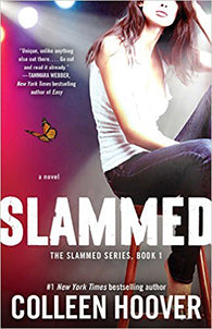 "Front cover of Slammed by Colleen Hoover, featuring a striking red design with a silhouette of a tree."