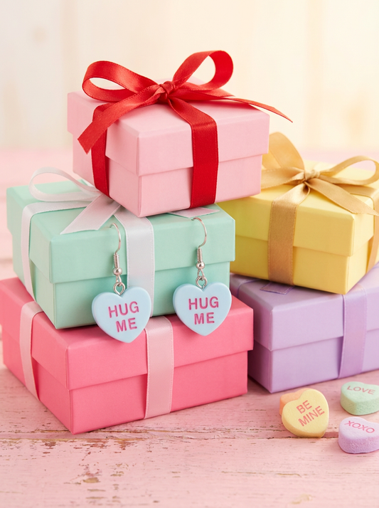 Pastel blue Hug Me candy heart resin dangle earrings with pink lettering displayed on stacked gift boxes, Valentine’s Day jewelry