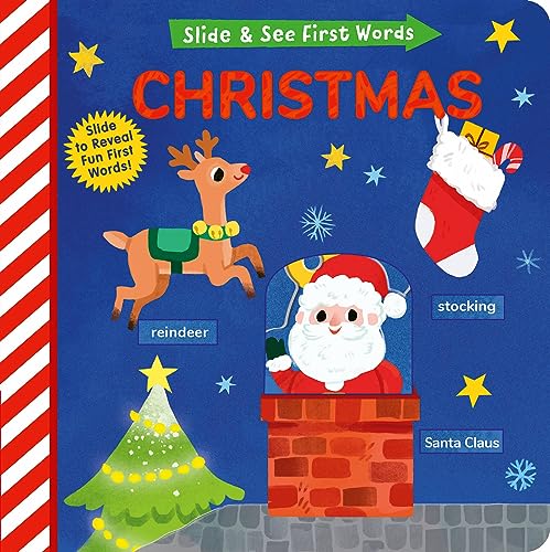Cover of Christmas: Slide and See First Words by Helen Hughes, featuring festive illustrations and interactive sliders for children.