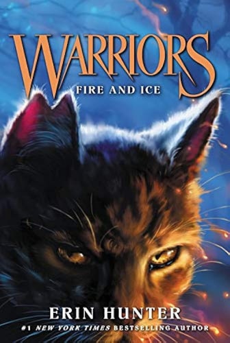 Cover of 'Warriors #2: Fire and Ice' featuring a close-up of a black cat's face with a blurred background.
