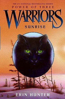 Book cover of 'Warriors: Sunrise' by Erin Hunter featuring a black cat in a snowy landscape.