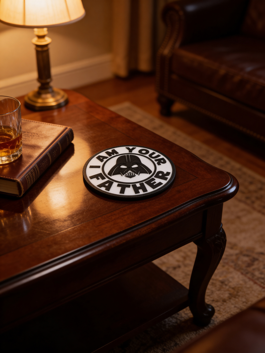 Round black-and-white sci-fi inspired coaster with father-themed quote displayed on a wooden coffee table beside a drink and lamp