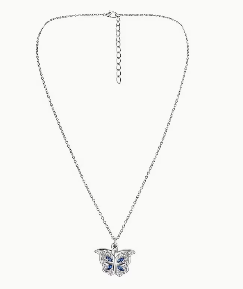 Silver tone butterfly locket necklace with blue accents and extender chain