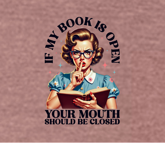 Vintage-style graphic with a woman holding a book and text on a pink background