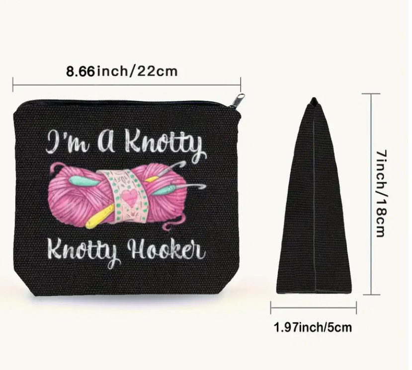 Black pouch with yarn design and text, shown with dimensions on a white background