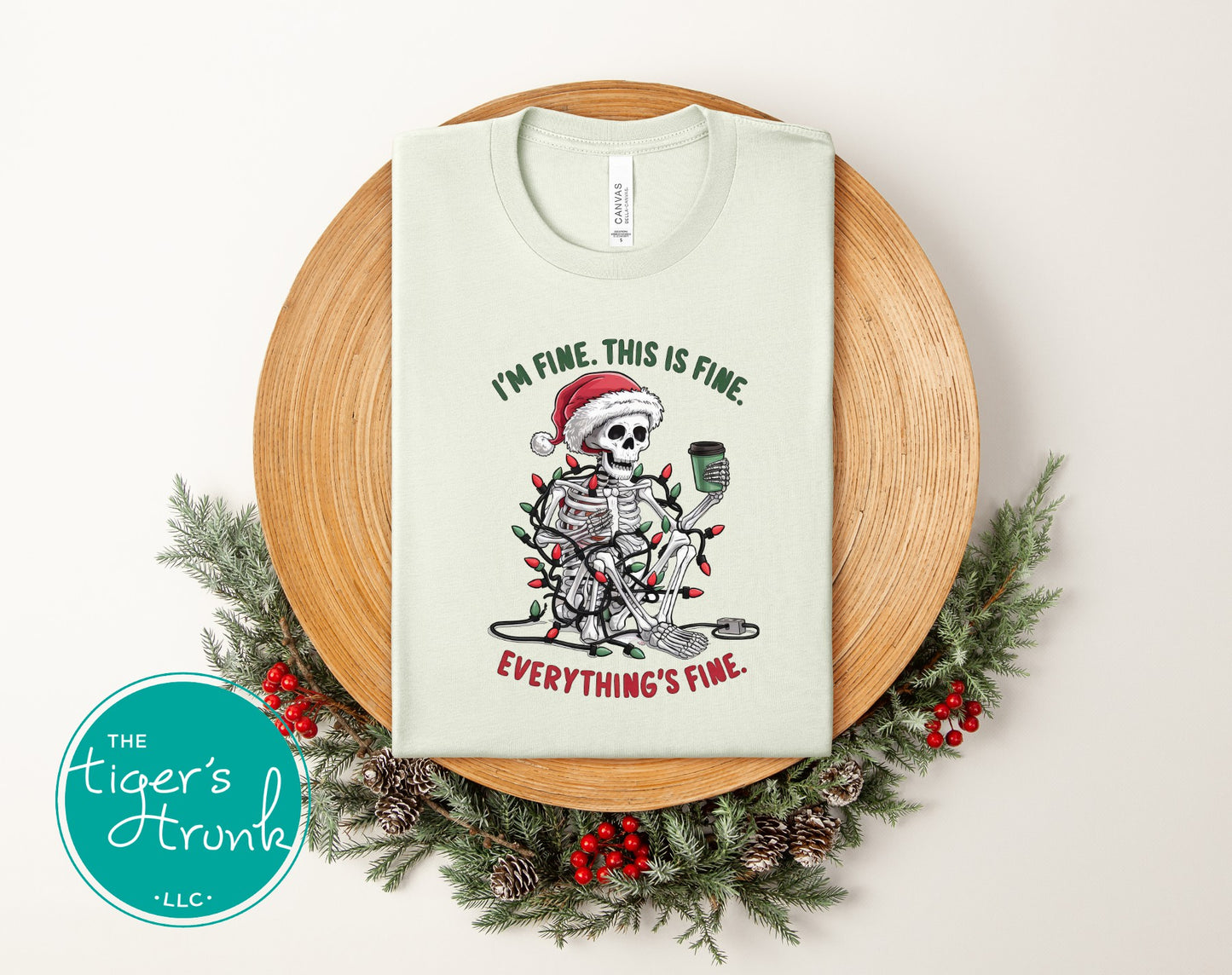 Light citron green Christmas shirt featuring holiday skeleton with coffee and festive lights.