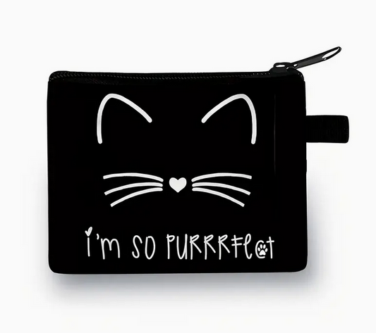 Black pouch with white cat face design and text 'I'm so purrfect' on a white background