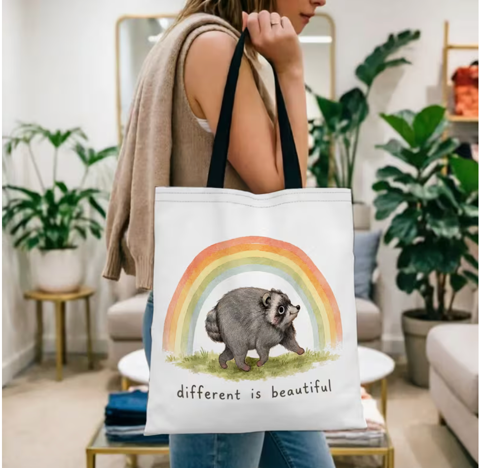Jimothy the Raccoon Different Is Beautiful rainbow tote bag carried over the shoulder