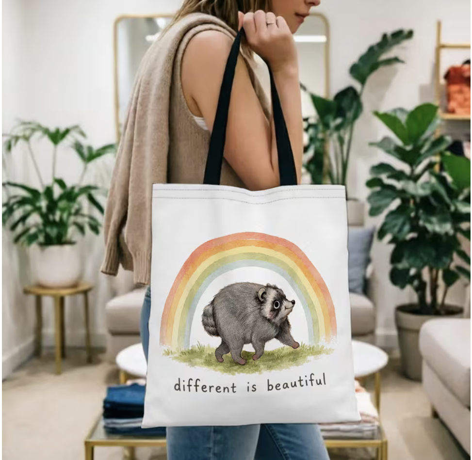 Jimothy the Raccoon Different Is Beautiful rainbow tote bag carried over the shoulder