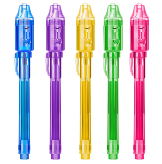 Colorful invisible ink spy pens shown in a row with UV light caps