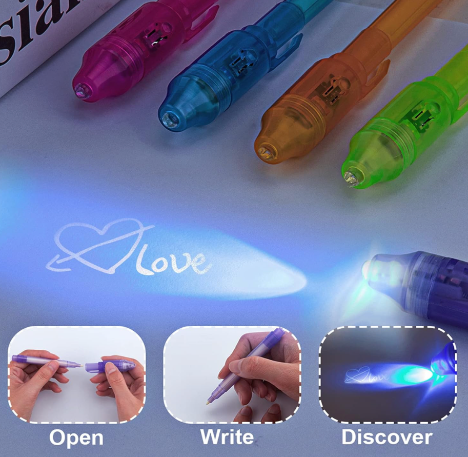 Invisible ink pen writing revealed under UV light with love message demo