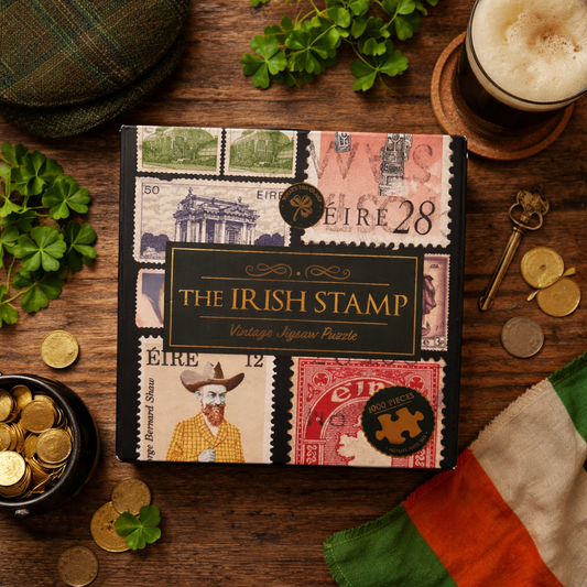 Boxed 1000 piece Irish stamp vintage jigsaw puzzle featuring Éire postage collage design styled with shamrocks and Irish themed decor