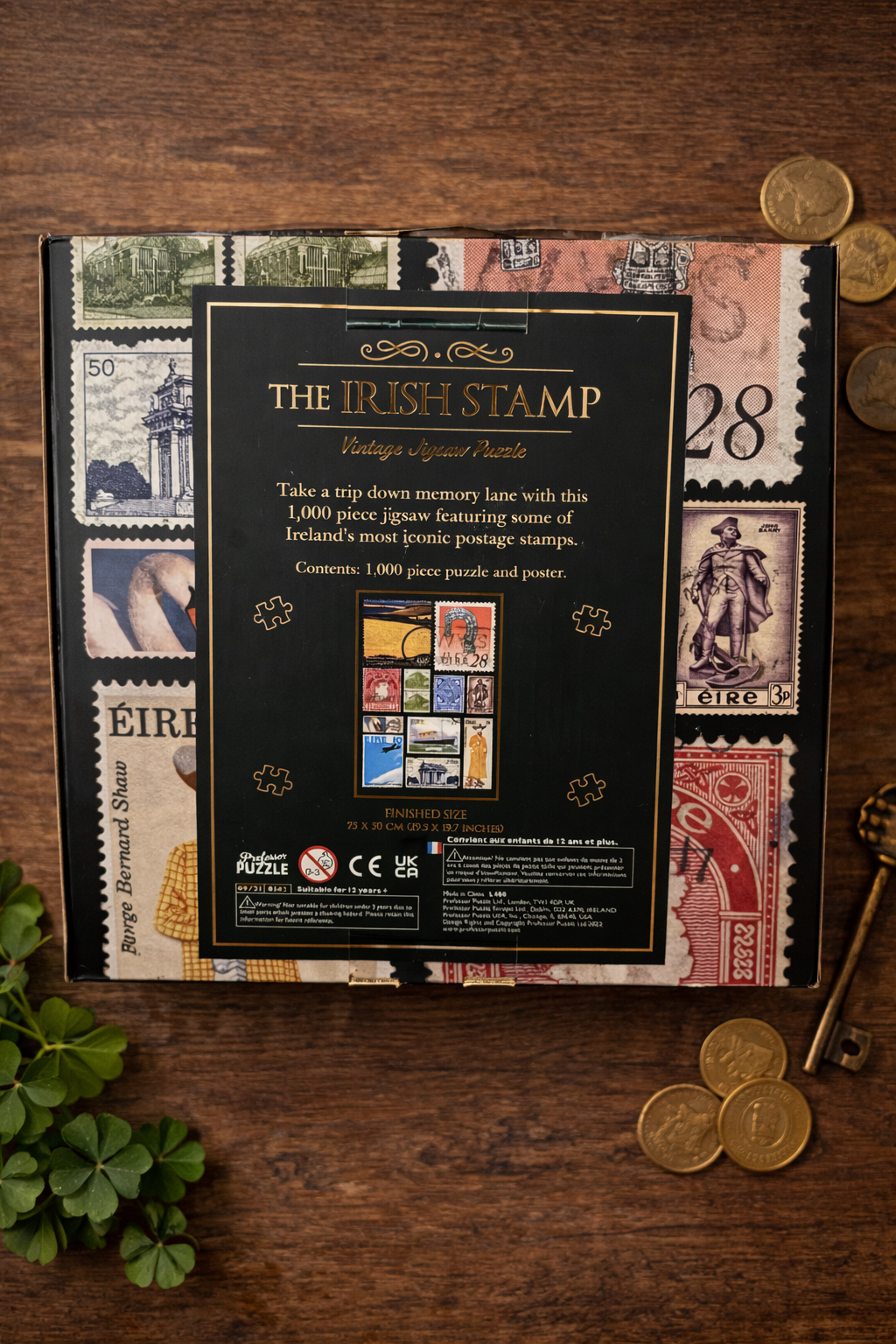 Back of The Irish Stamp vintage 1000 piece jigsaw puzzle box showing product description, finished size details, and collage preview image on a wooden surface with shamrocks and coins.
