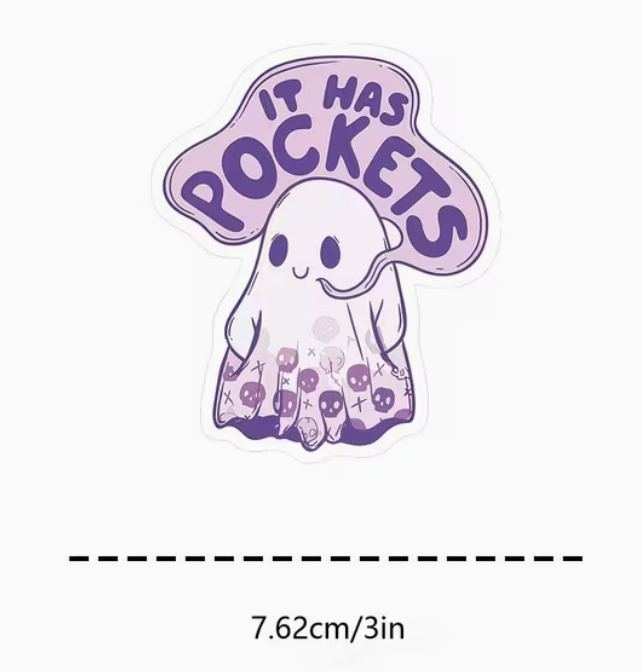 Purple and white It Has Pockets ghost 3-inch self-adhesive sticker with skull-print dress