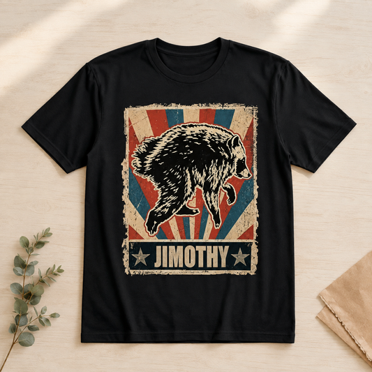 Black Jimothy the Wild Raccoon T-shirt with distressed vintage red, blue and cream raccoon graphic