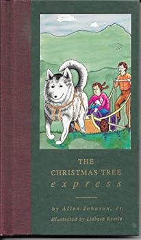 Book cover of 'The Christmas Tree Express' with a dog and two children illustration on a green background