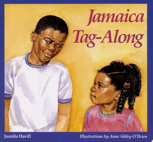 Book cover of 'Jamaica Tag-Along' with illustrations of a boy and girl against a yellow background.