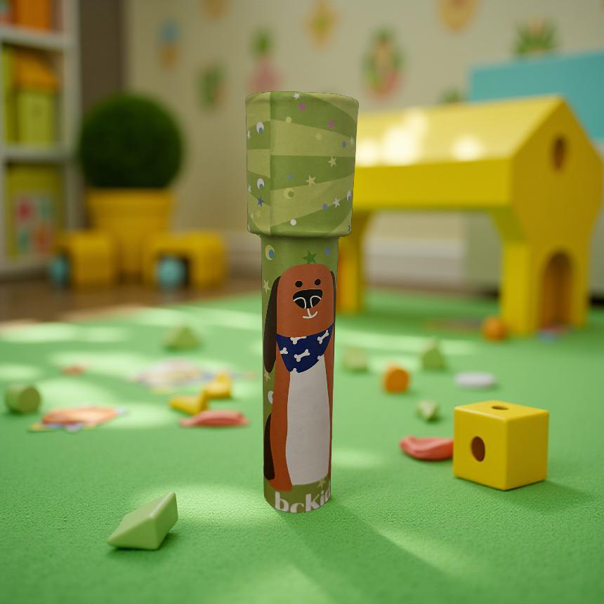 Children’s rotating kaleidoscope, 5.75 inches tall, featuring a cute dog illustration with stars, displayed in a playful playroom setting.