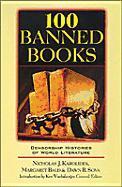 Book cover of '100 Banned Books' with a wooden bookshelf and books on a white background