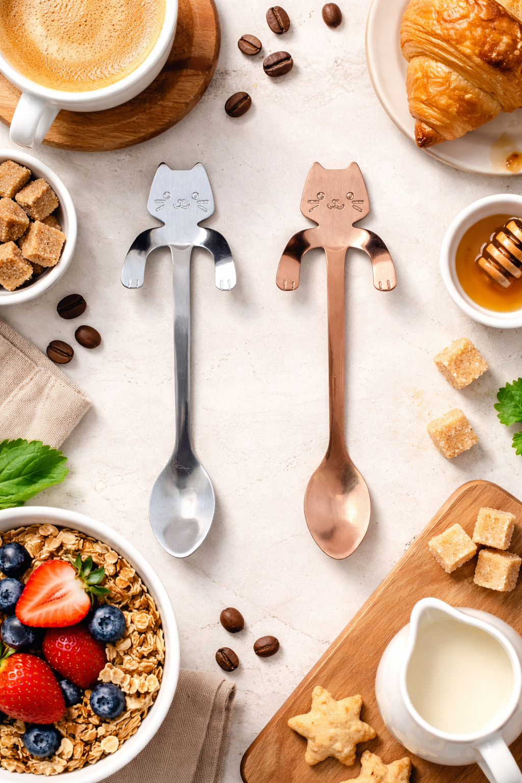 Silver and rose gold kawaii cat stainless steel spoons styled in a breakfast flat lay with coffee, croissant, honey, sugar cubes, granola, and fresh berries.