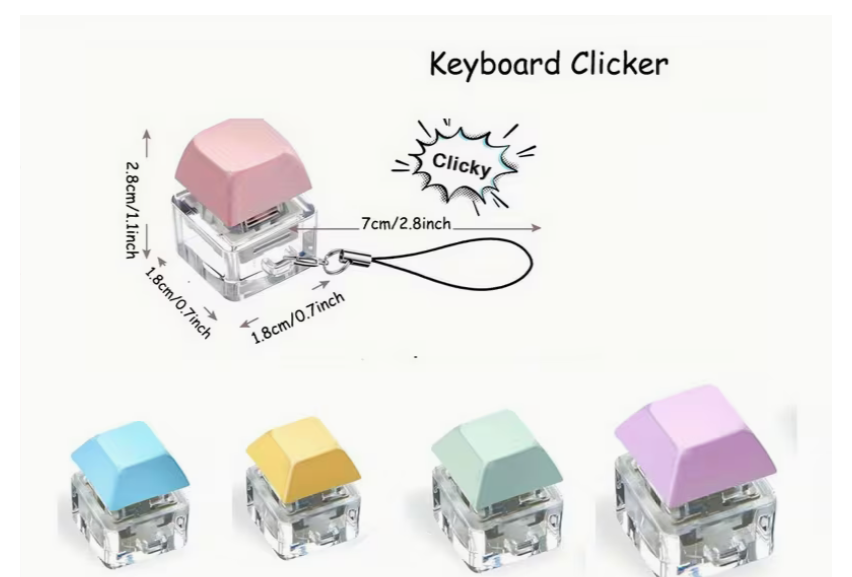 compact keyboard clicker fidget toy with size measurements and pastel color options displayed