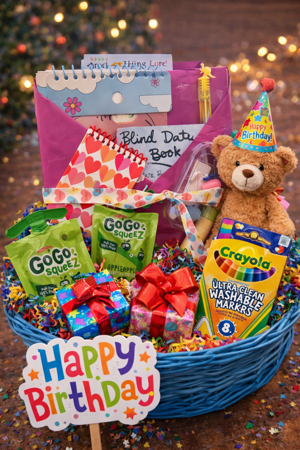 Birthday gift basket with teddy bear, snacks, and stationery items on a wooden surface.