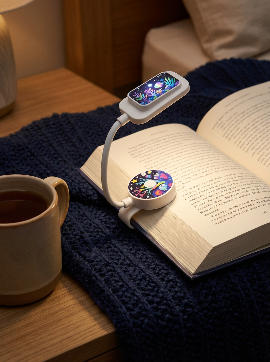 Clip on kids book light attached to open book for nighttime storytime