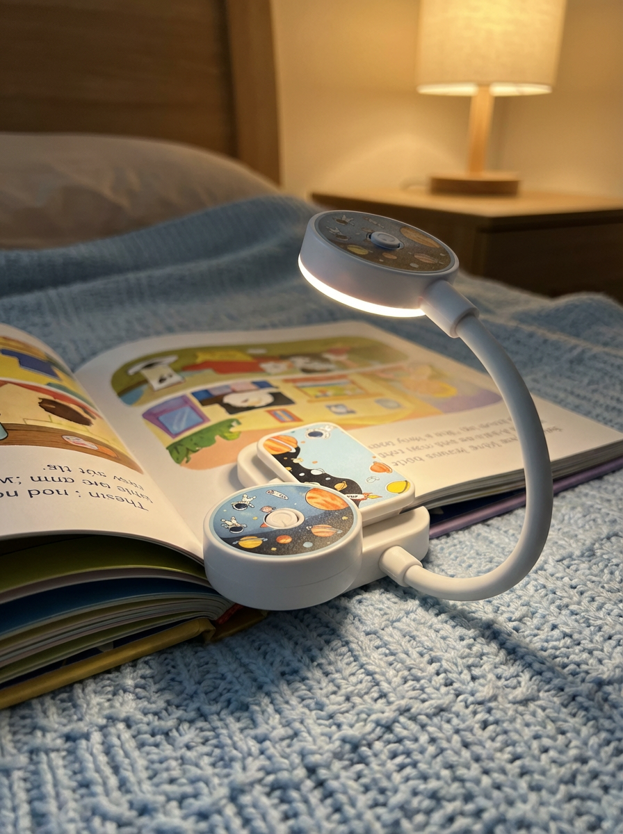 Kids book light clipped to children’s book on bedside table with soft reading glow