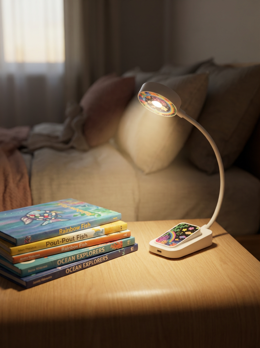 Space themed kids book light on nightstand beside stacked children’s books
