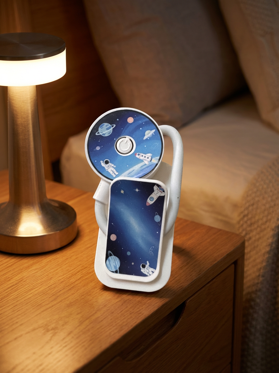 Close-up of space design kids book light with flexible neck