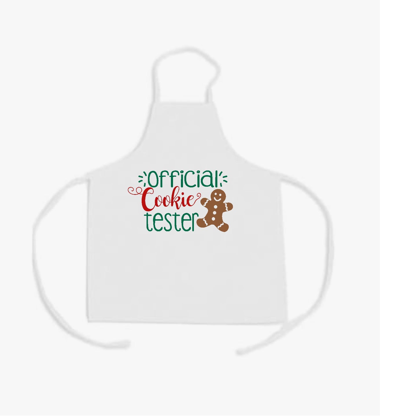 white kids Christmas apron with Official Cookie Tester text and a gingerbread character