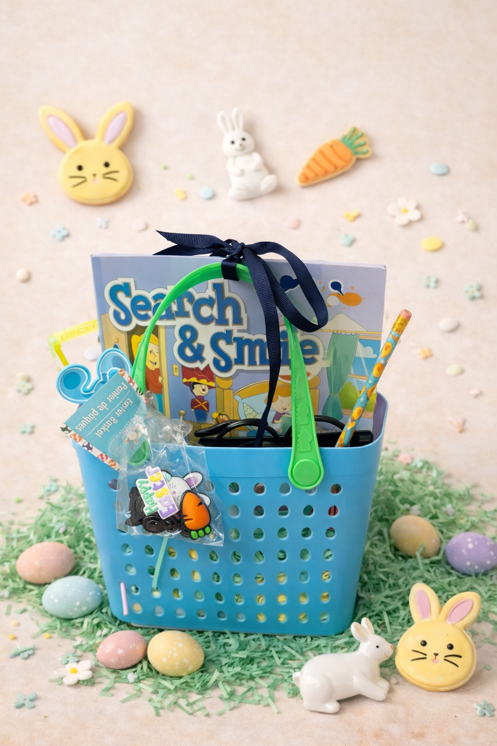 Blue kids Easter basket filled with Croc charms, sticker book, play dough, small toys, candy, and a wrapped blind date with a short children’s story collection.