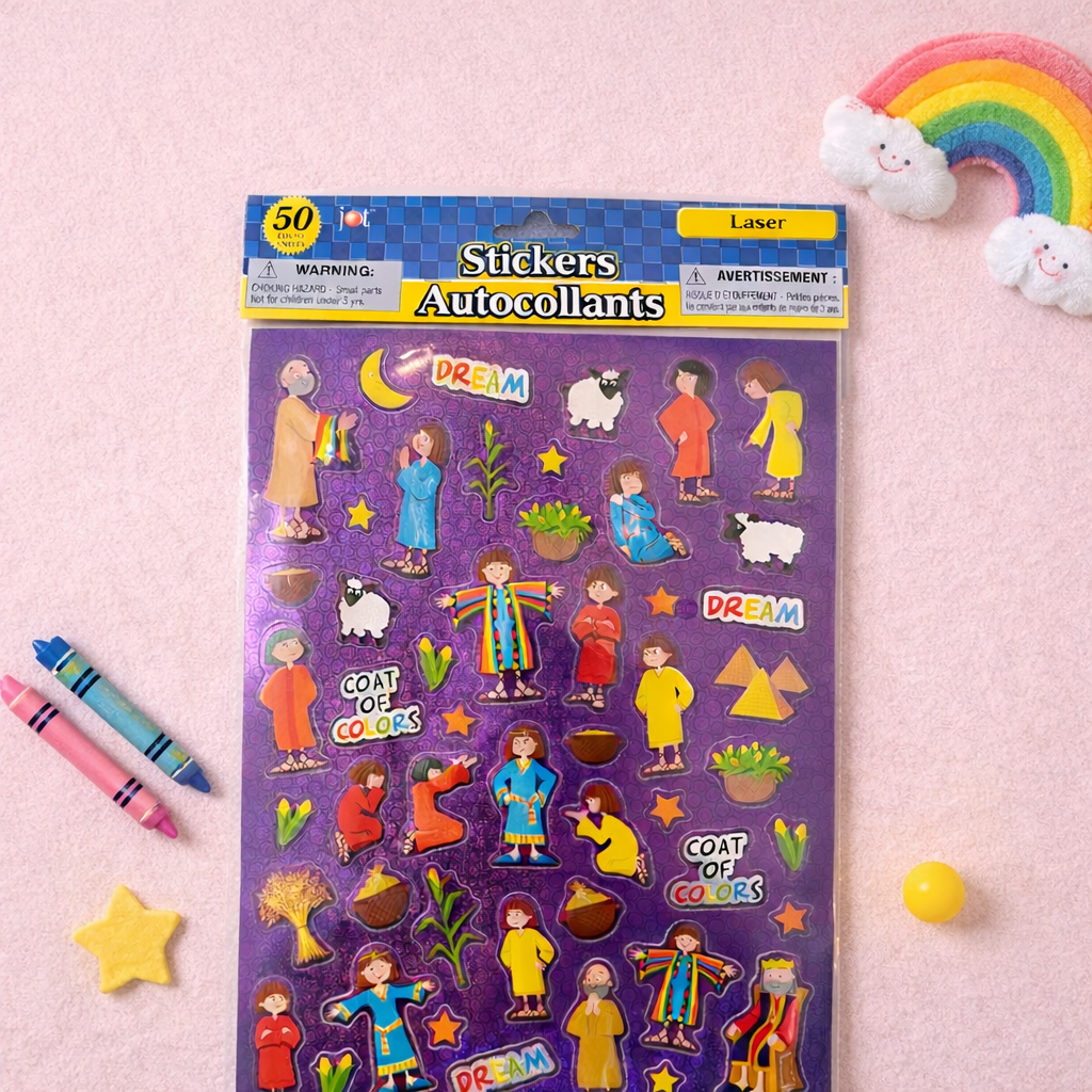 Kids laser sticker sheet with Coat of Colors and Dream themed illustrations including characters, stars, animals and plants on a purple background, 50 count sticker page