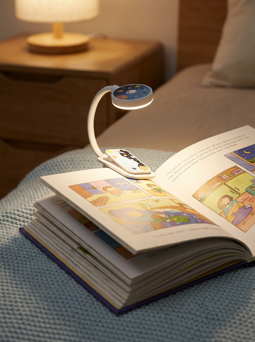 Children’s reading light illuminating a picture book on a cozy bed