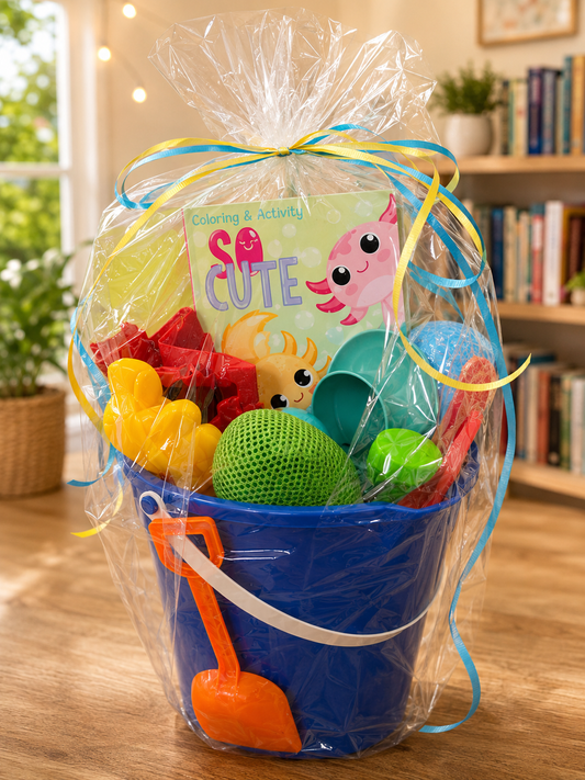 Pre-packed kids summer beach and pool bucket gift set with toys, activity book, beach ball, shovel, sand molds, and outdoor play accessories wrapped for gifting