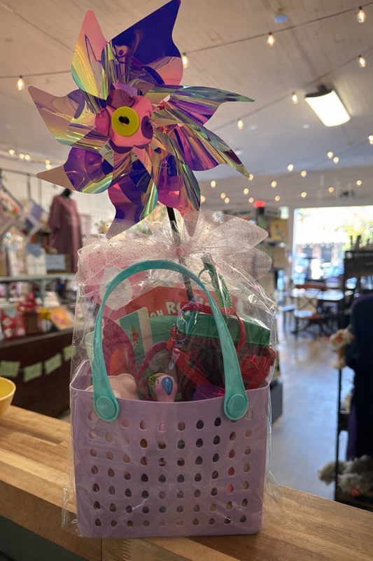 Kids summer gift basket with Are You Ready to Play Outside book and toys in pastel tote bag wrapped for gifting