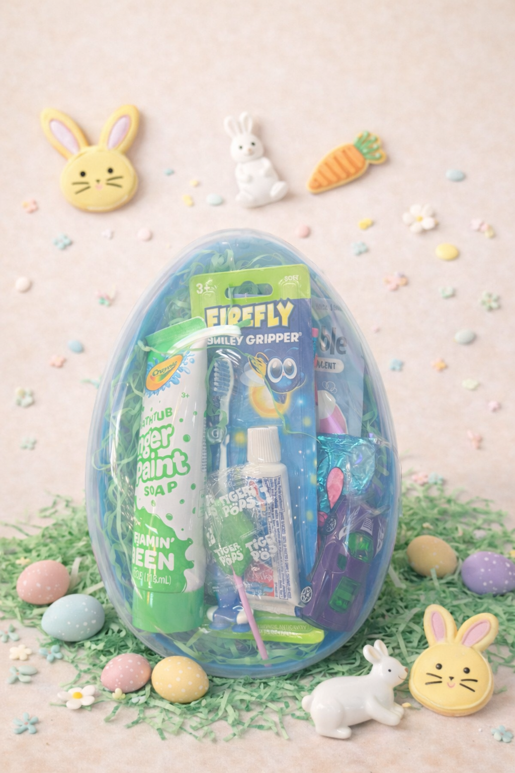 Clear reusable Easter egg filled with toothbrush, toothpaste, bath items, small toys, and candy styled with pastel eggs and bunny decorations.