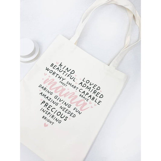 Reusable cotton tote bag with inspirational kind words mama design in black and pink lettering on natural fabric