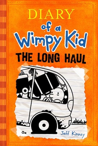 Book cover of 'Diary of a Wimpy Kid: The Long Haul' by Jeff Kinney with an orange background and cartoon van illustration.