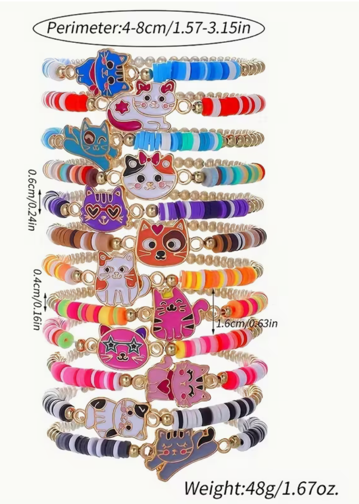 Assorted colorful kitten elastic alloy beaded bracelets with cute cat charms and stretch fit