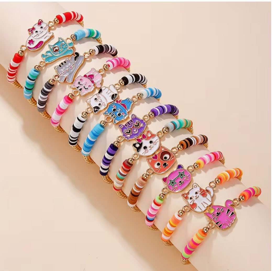 Assorted colorful kitten elastic alloy beaded bracelets with cute cat charms and stretch fit