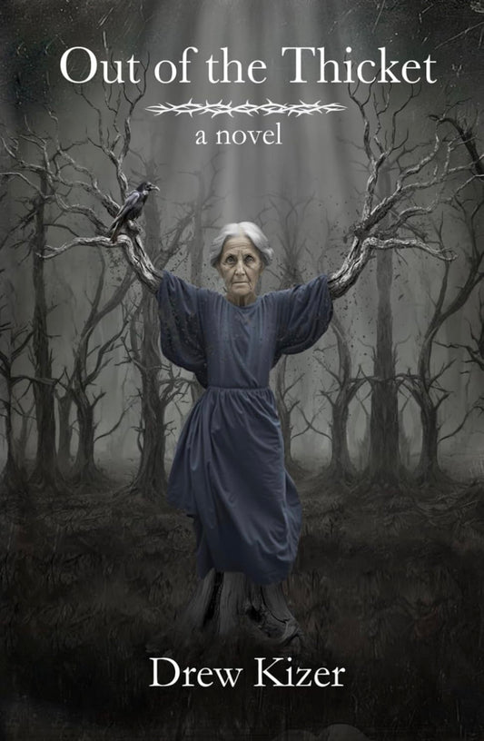 Cover of Out of the Thicket by Drew Kizer showing a dark forest thicket, autumn leaves, a lone figure at dusk, title in bold light font suggesting mystery and suspense.