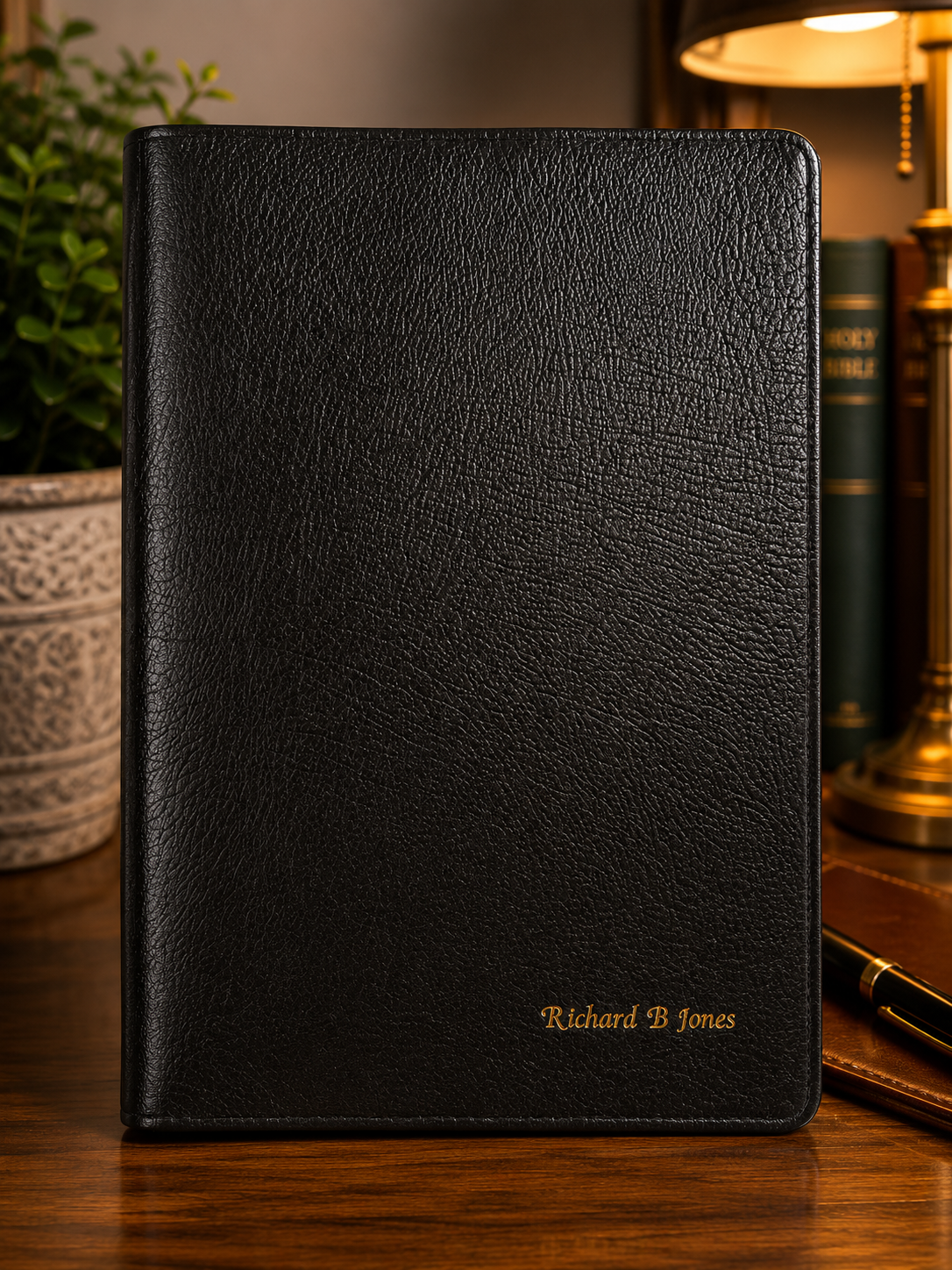 Black bonded leather KJV and Amplified Bible side-by-side edition in large print, personalized with the name Richard B. Jones in gold lettering.