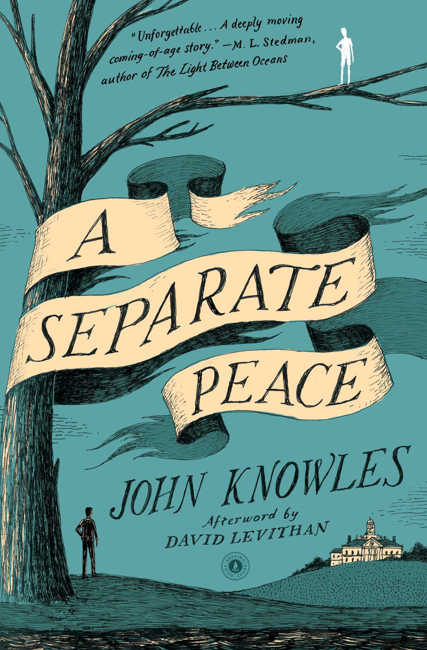 Cover of A Separate Peace by John Knowles, featuring a minimalist design with a tree branch silhouetted against a muted background, symbolizing the novel's themes of friendship, innocence, and the loss thereof during adolescence.